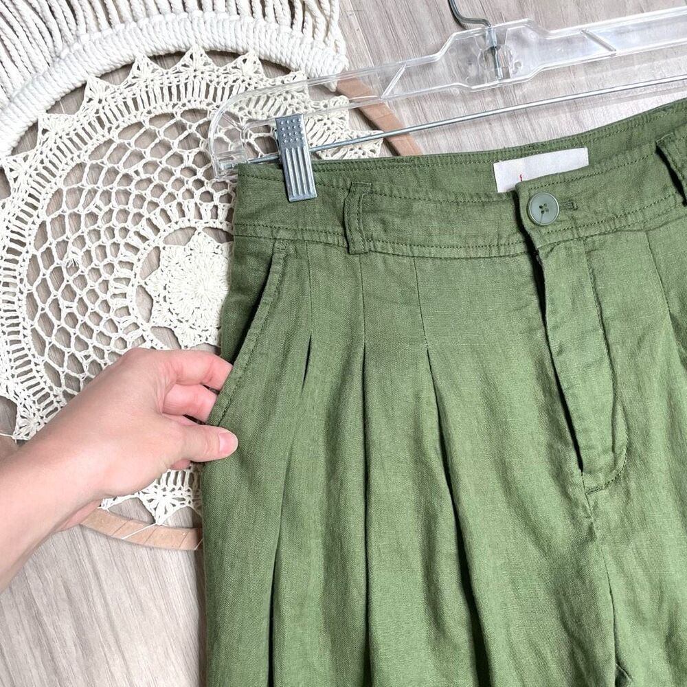Anthropologie Ankle-Tie bell bottom 100% linen‎ pants Size 0 green - Picture 6 of 14